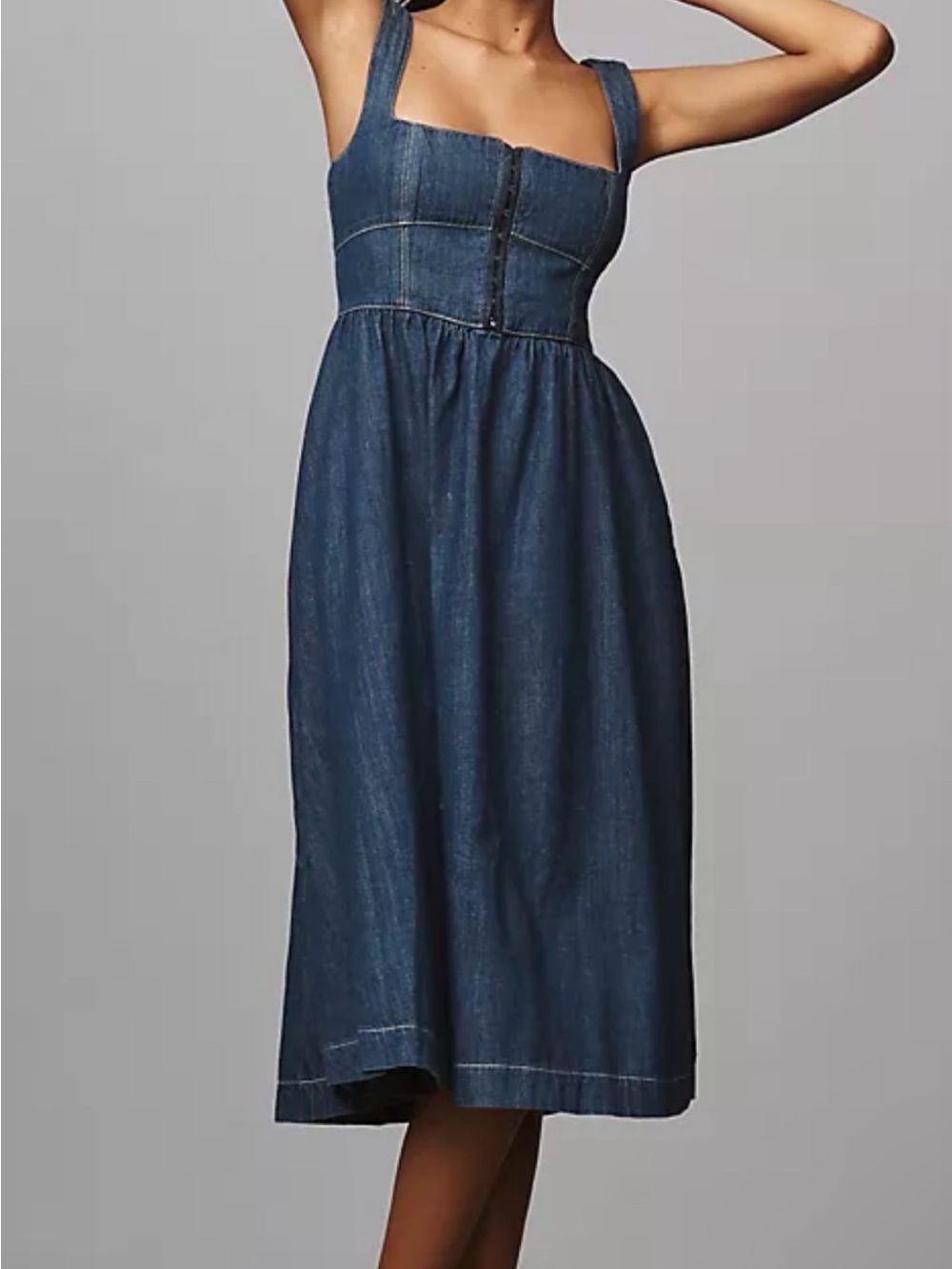 Denim Maxi Dress with Button Front and Pockets - Picture 2 of 13